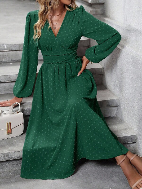 Vestido Midi Transpassado Acinturado Manga Longa Estilo Romântico