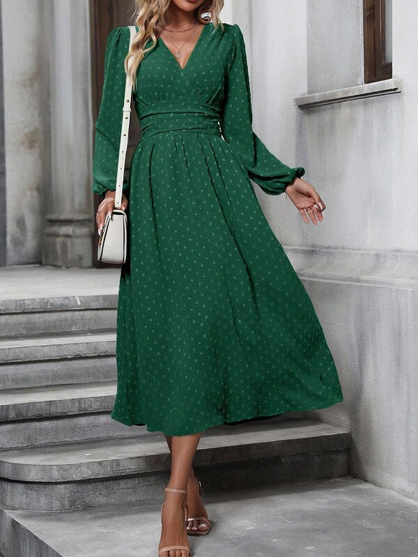 Vestido Midi Transpassado Acinturado Manga Longa Estilo Romântico
