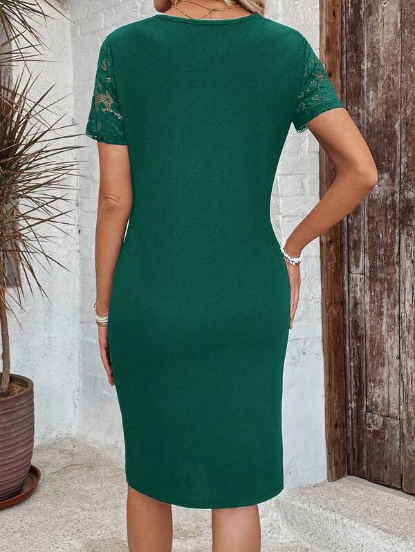 Vestido Midi Decote Ondulado Manga Renda Estilo Elegante