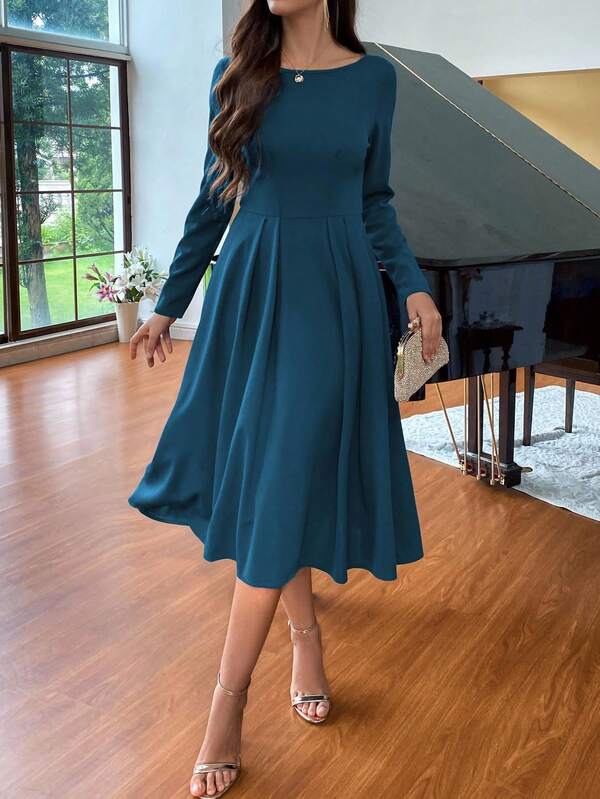 Vestido Midi Evasê Manga Longa Estilo Clássico Elegante