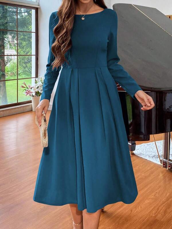 Vestido Midi Evasê Manga Longa Estilo Clássico Elegante