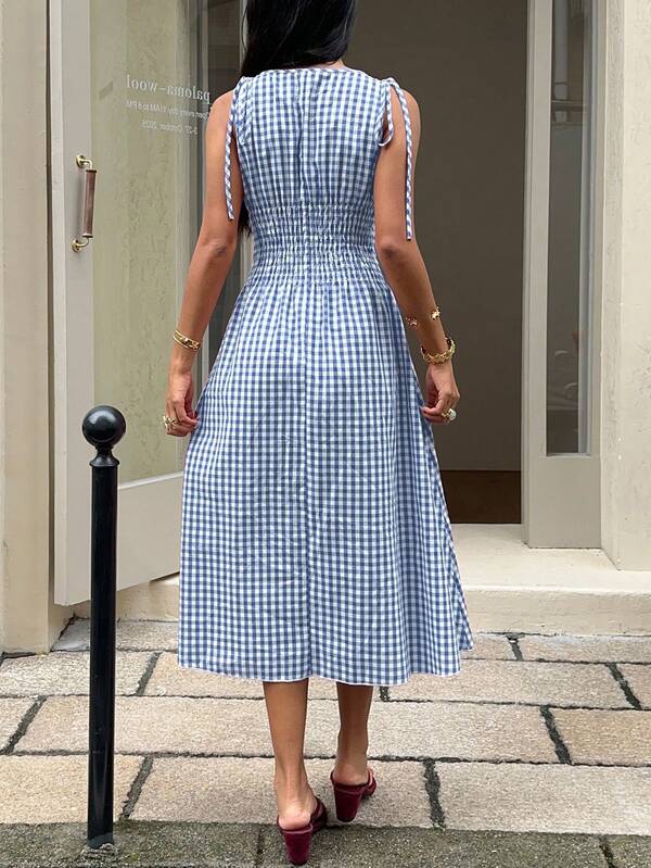 Vestido Midi Com Lastex Estampa Vichy E Amarração
