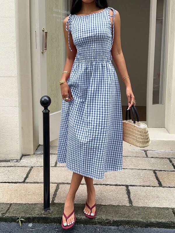 Vestido Midi Com Lastex Estampa Vichy E Amarração