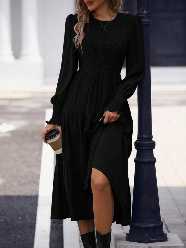 Vestido Midi Manga Longa Com Lastex Estilo Romântico