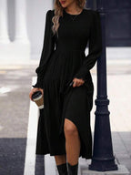 Vestido Midi Com Lastex Acinturado Manga Longa Casual Boho