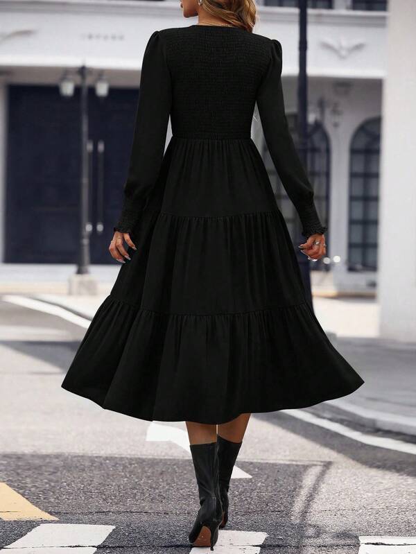 Vestido Midi Manga Longa Com Lastex Estilo Romântico