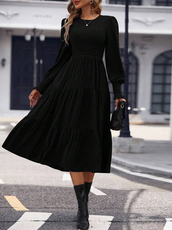 Vestido Midi Manga Longa Com Lastex Estilo Romântico