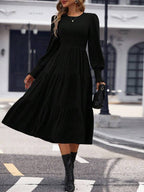 Vestido Midi Com Lastex Acinturado Manga Longa Casual Boho