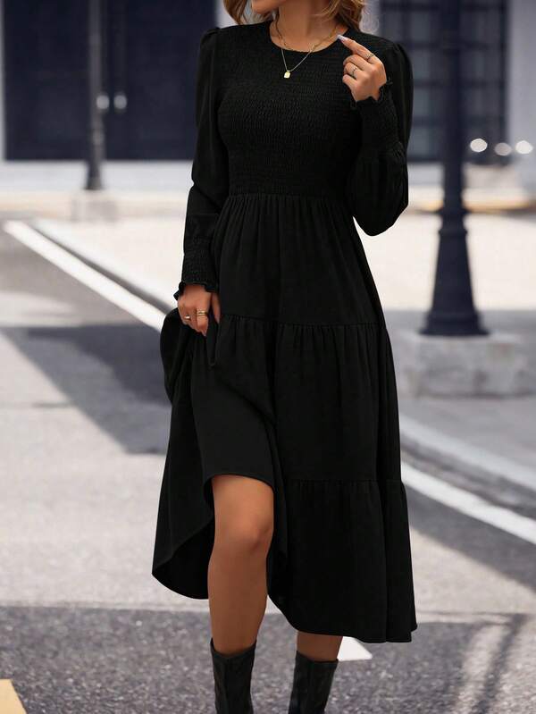 Vestido Midi Manga Longa Com Lastex Estilo Romântico