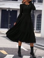 Vestido Midi Com Lastex Acinturado Manga Longa Casual Boho