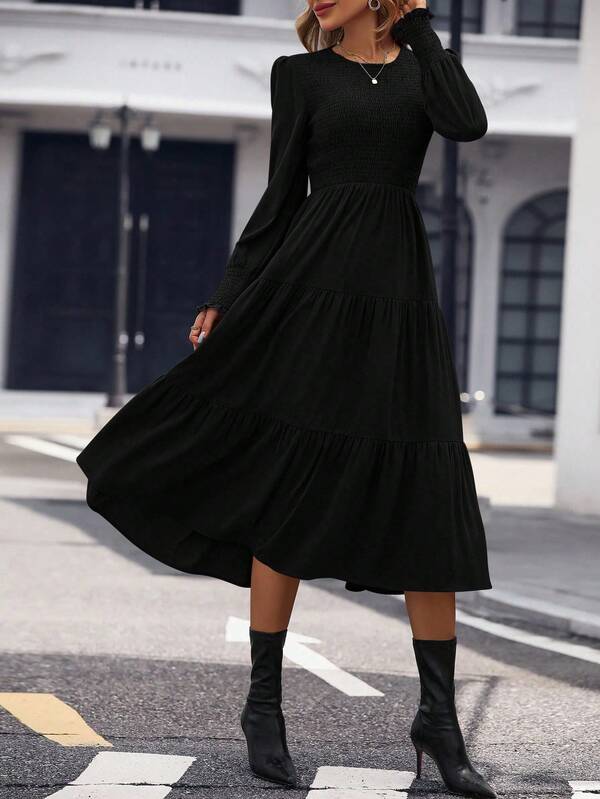 Vestido Midi Com Lastex Acinturado Manga Longa Casual Boho