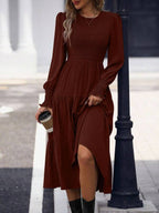 Vestido Midi Com Lastex Acinturado Manga Longa Casual Boho