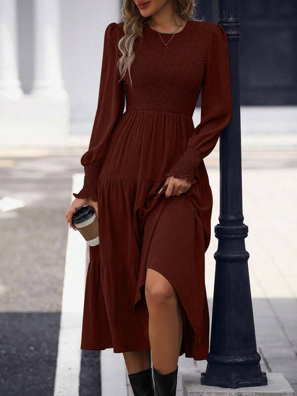 Vestido Midi Com Lastex Acinturado Manga Longa Casual Boho