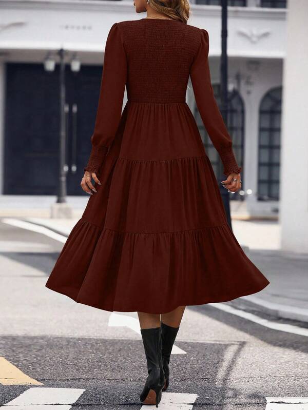 Vestido Midi Manga Longa Com Lastex Estilo Romântico