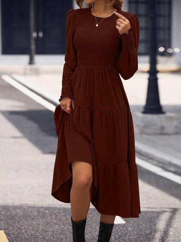 Vestido Midi Com Lastex Acinturado Manga Longa Casual Boho
