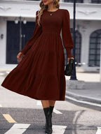 Vestido Midi Com Lastex Acinturado Manga Longa Casual Boho
