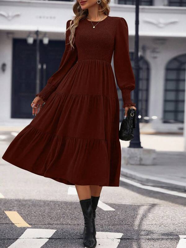 Vestido Midi Com Lastex Acinturado Manga Longa Casual Boho