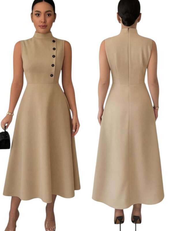 Vestido Longo Evasê Com Gola Alta E Botões