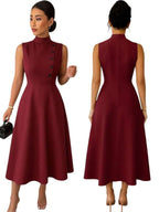 Vestido Longo Evasê Com Gola Alta E Botões