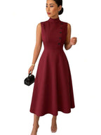 Vestido Longo Evasê Com Gola Alta E Botões