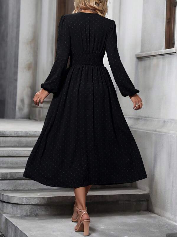 Vestido Midi Transpassado Acinturado Manga Longa Estilo Romântico