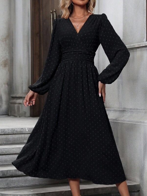 Vestido Midi Transpassado Acinturado Manga Longa Estilo Romântico