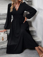 Vestido Midi Transpassado Acinturado Manga Longa Estilo Romântico