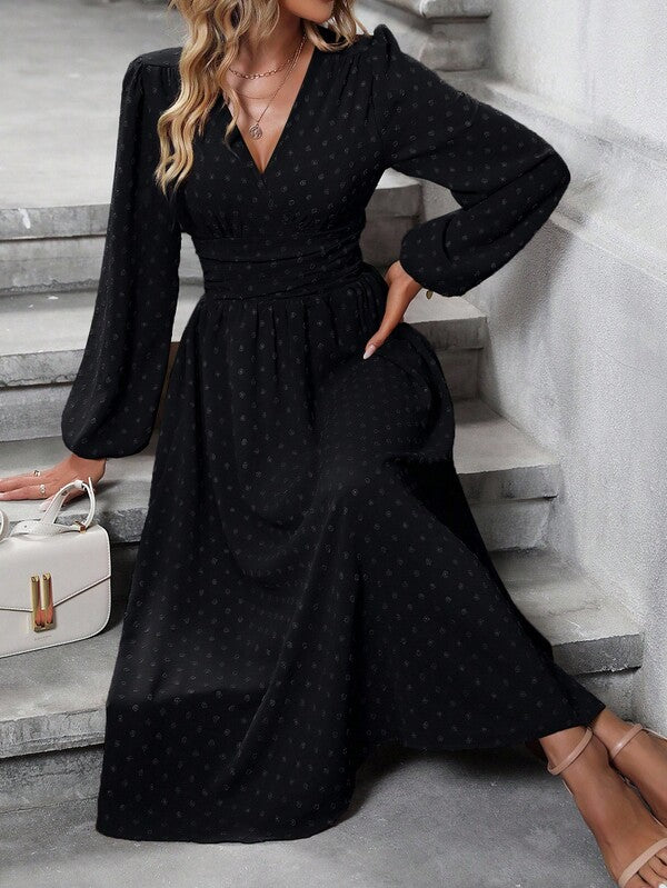 Vestido Midi Transpassado Acinturado Manga Longa Estilo Romântico