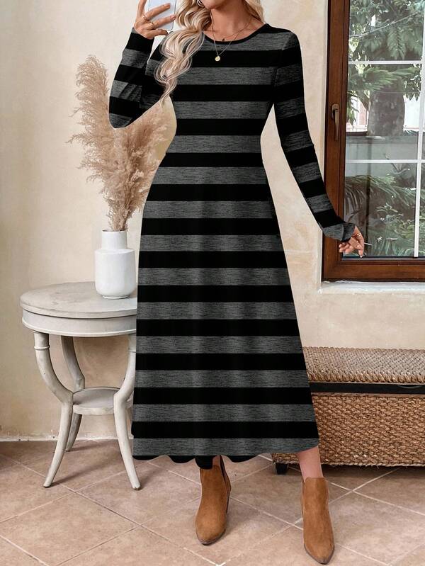 Vestido Longo Manga Longa Estampa Listrada Estilo Casual