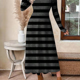 Vestido Longo Manga Longa Estampa Listrada Estilo Casual