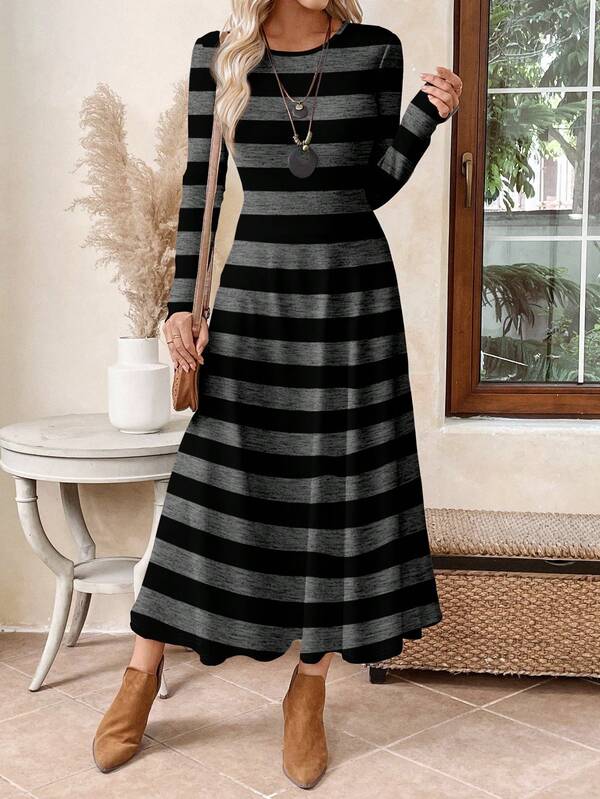 Vestido Longo Manga Longa Estampa Listrada Estilo Casual
