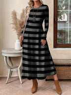 Vestido Longo Manga Longa Estampa Listrada Estilo Casual