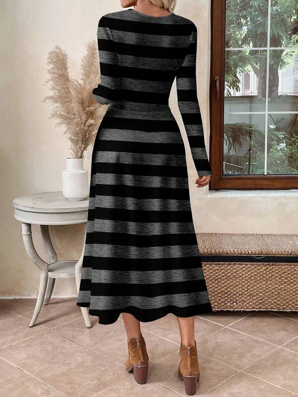 Vestido Longo Manga Longa Estampa Listrada Estilo Casual