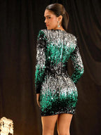 Vestido Curto Ajustado Com Paetês E Manga Longa