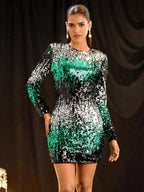 Vestido Curto Ajustado Com Paetês E Manga Longa