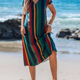 Vestido Midi Soltinho Decote V Estampa Listrada Casual