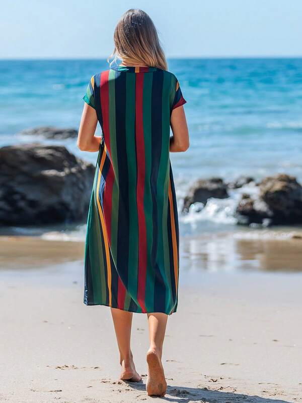 Vestido Midi Soltinho Decote V Estampa Listrada Casual
