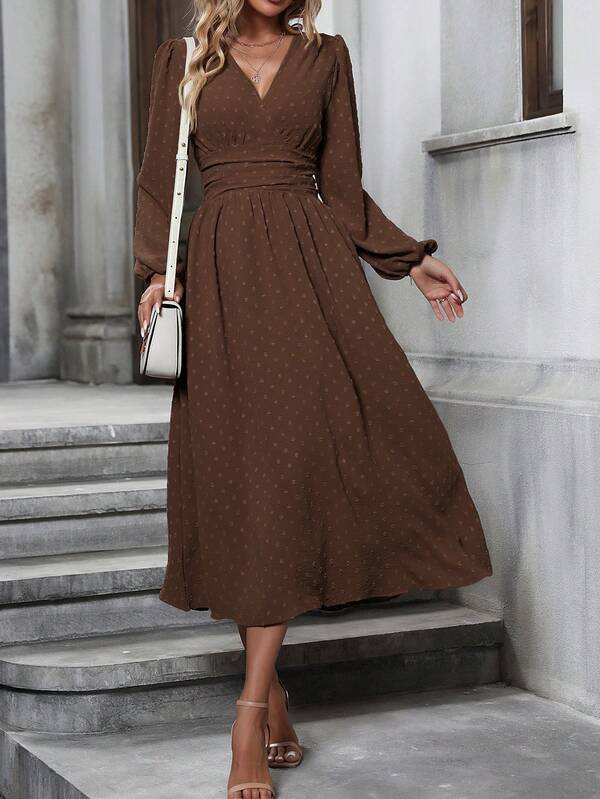 Vestido Midi Transpassado Acinturado Manga Longa Estilo Romântico