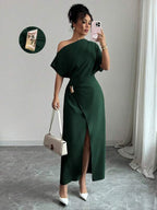 Vestido Longo Ombro Único Com Drapeado E Fenda