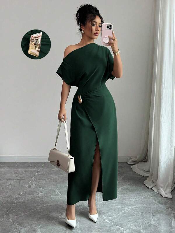 Vestido Longo Ombro Único Com Drapeado E Fenda