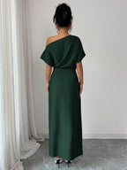 Vestido Longo Ombro Único Com Drapeado E Fenda