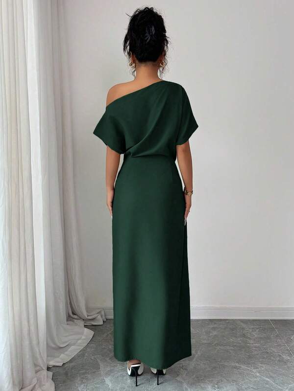 Vestido Longo Ombro Único Com Drapeado E Fenda