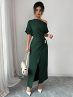 Vestido Longo Ombro Único Com Drapeado E Fenda