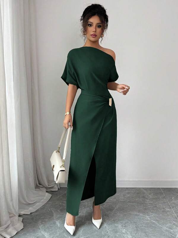Vestido Longo Ombro Único Com Drapeado E Fenda