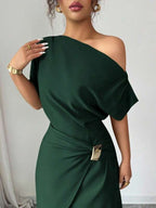 Vestido Longo Ombro Único Com Drapeado E Fenda