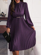 Vestido Midi Plissado Com Manga Longa E Cintura Marcada