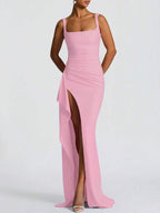 Vestido Longo Com Decote Quadrado E Fenda Frontal