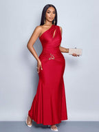 Vestido Longo Ombro Único Com Drapeado E Fivela