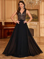 Vestido Longo Com Corpete Bordado E Saia Evasê