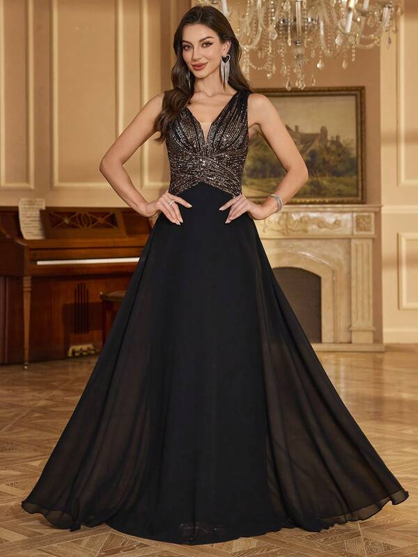 Vestido Longo Com Corpete Bordado E Saia Evasê